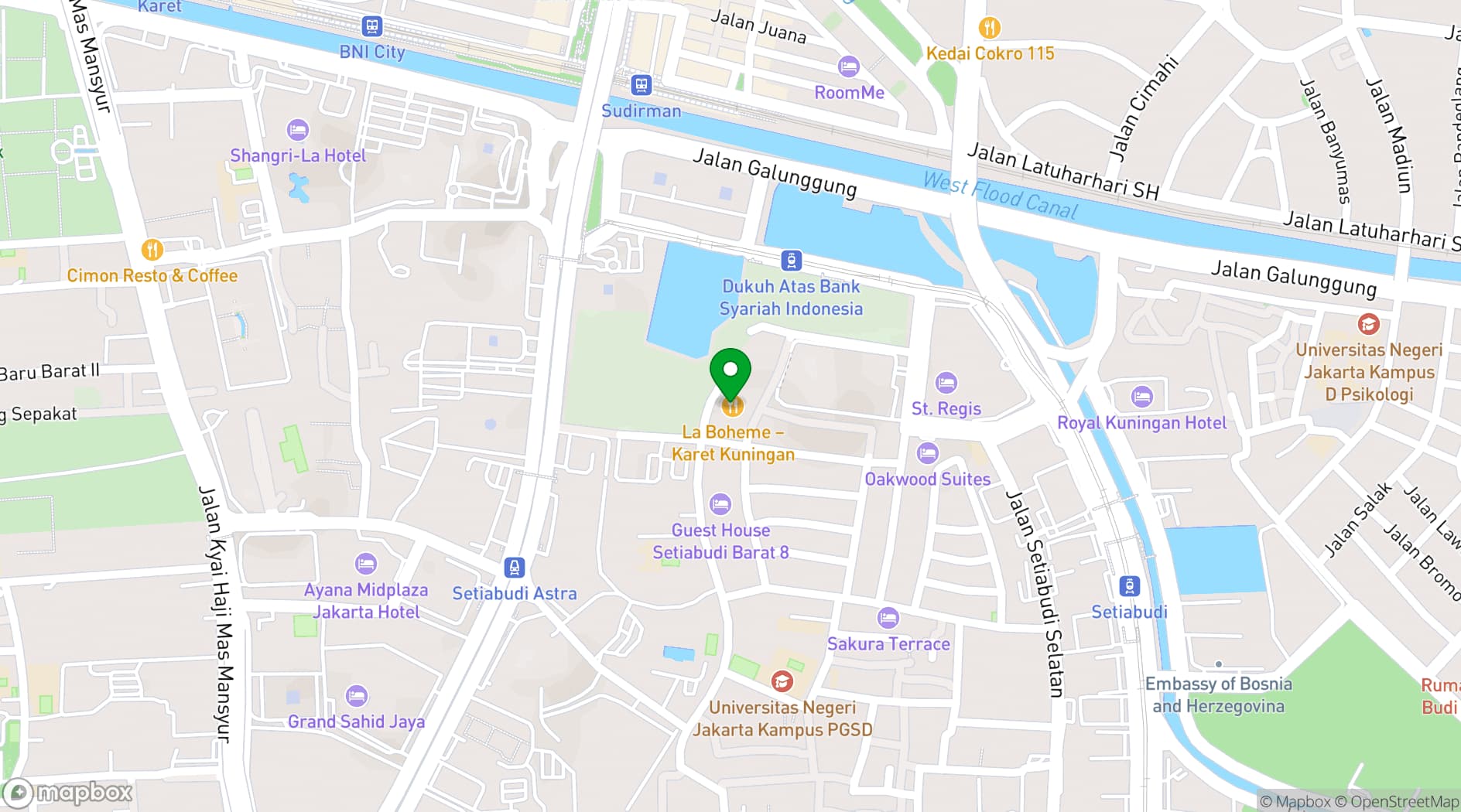 Map showing La Boheme Room and Cafe Jakarta