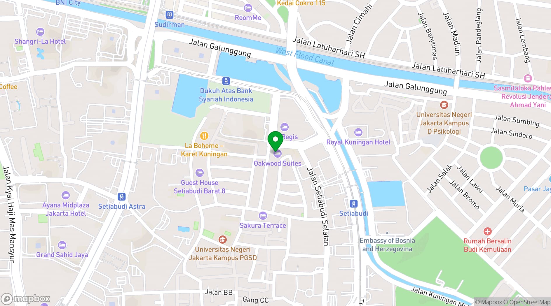 Map showing Oakwood Suites Kuningan Jakarta
