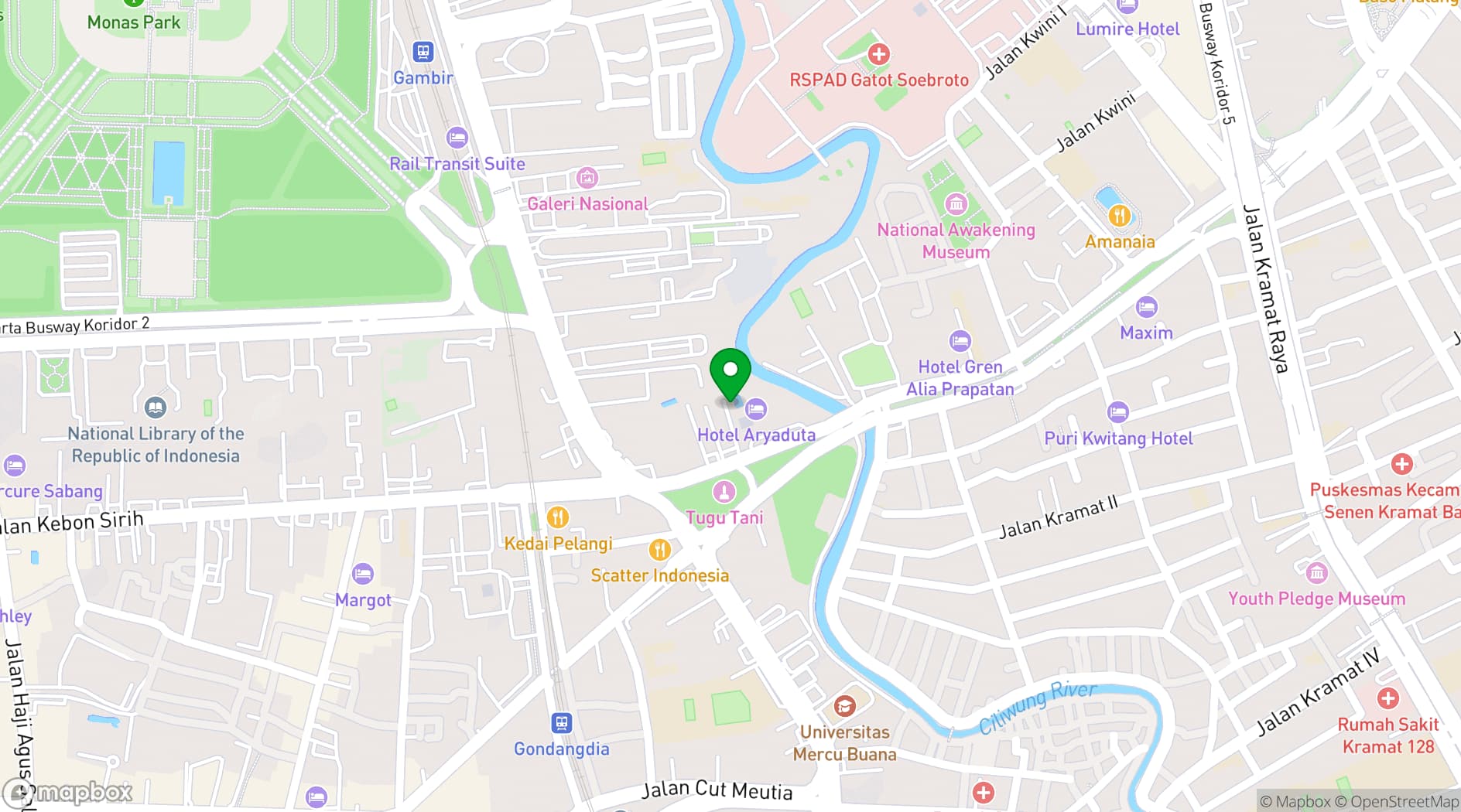 Map showing Aryaduta Hotel Menteng