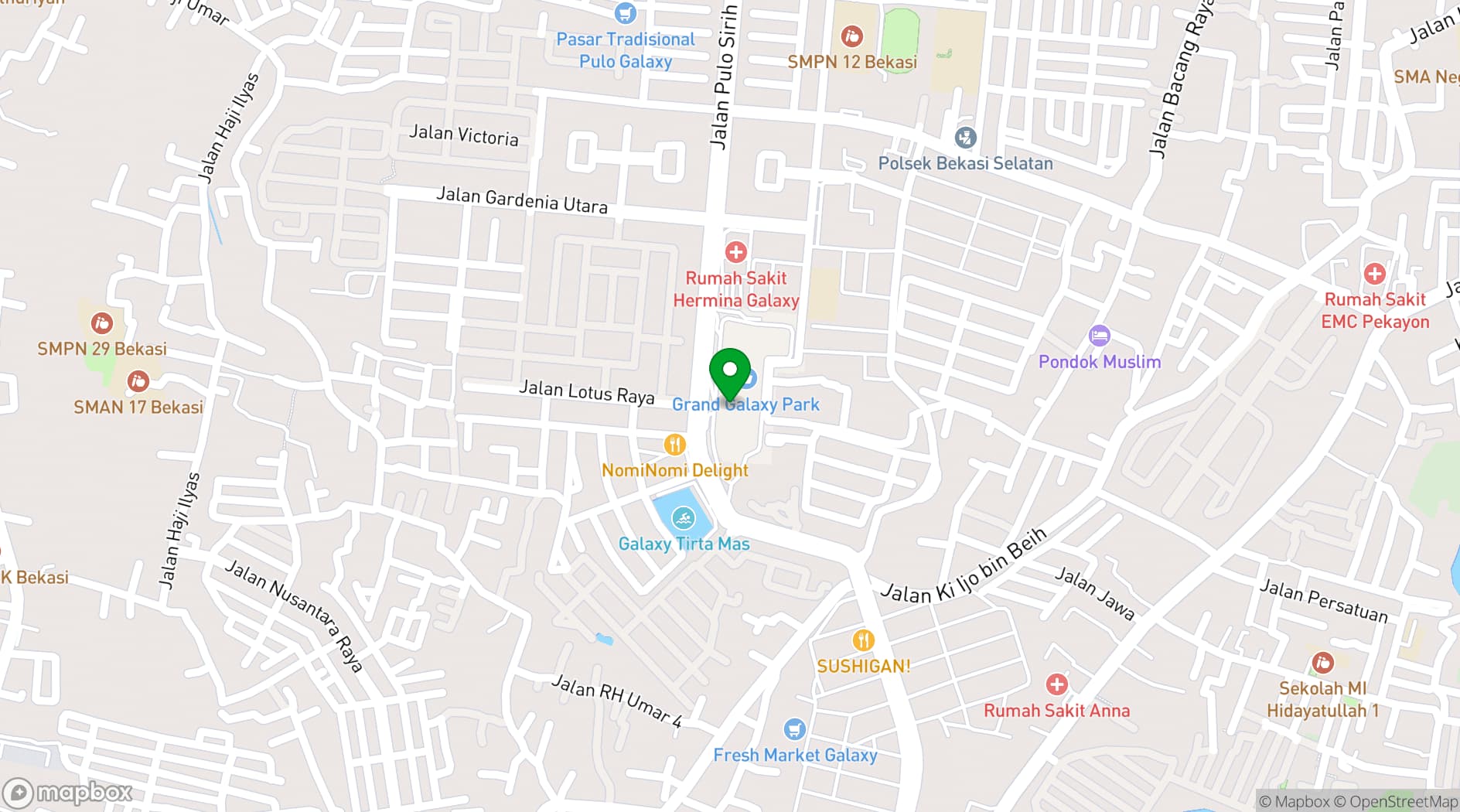 Map showing Grand Galaxy Convention Center Hall Bekasi