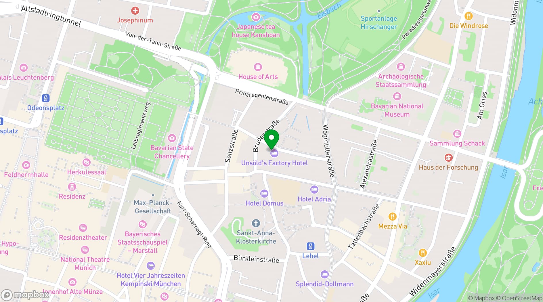 Map showing Unsöld's Factory Hotel