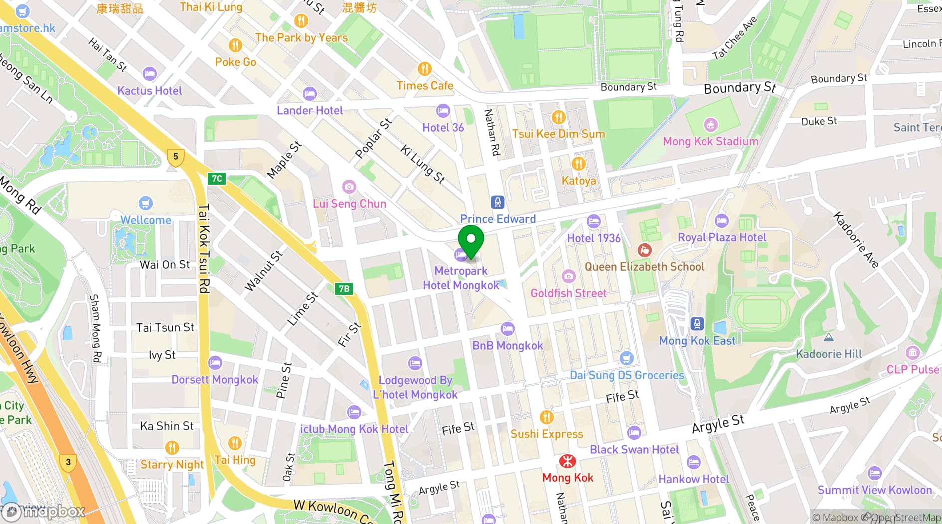 Map showing Metropark Hotel Kowloon