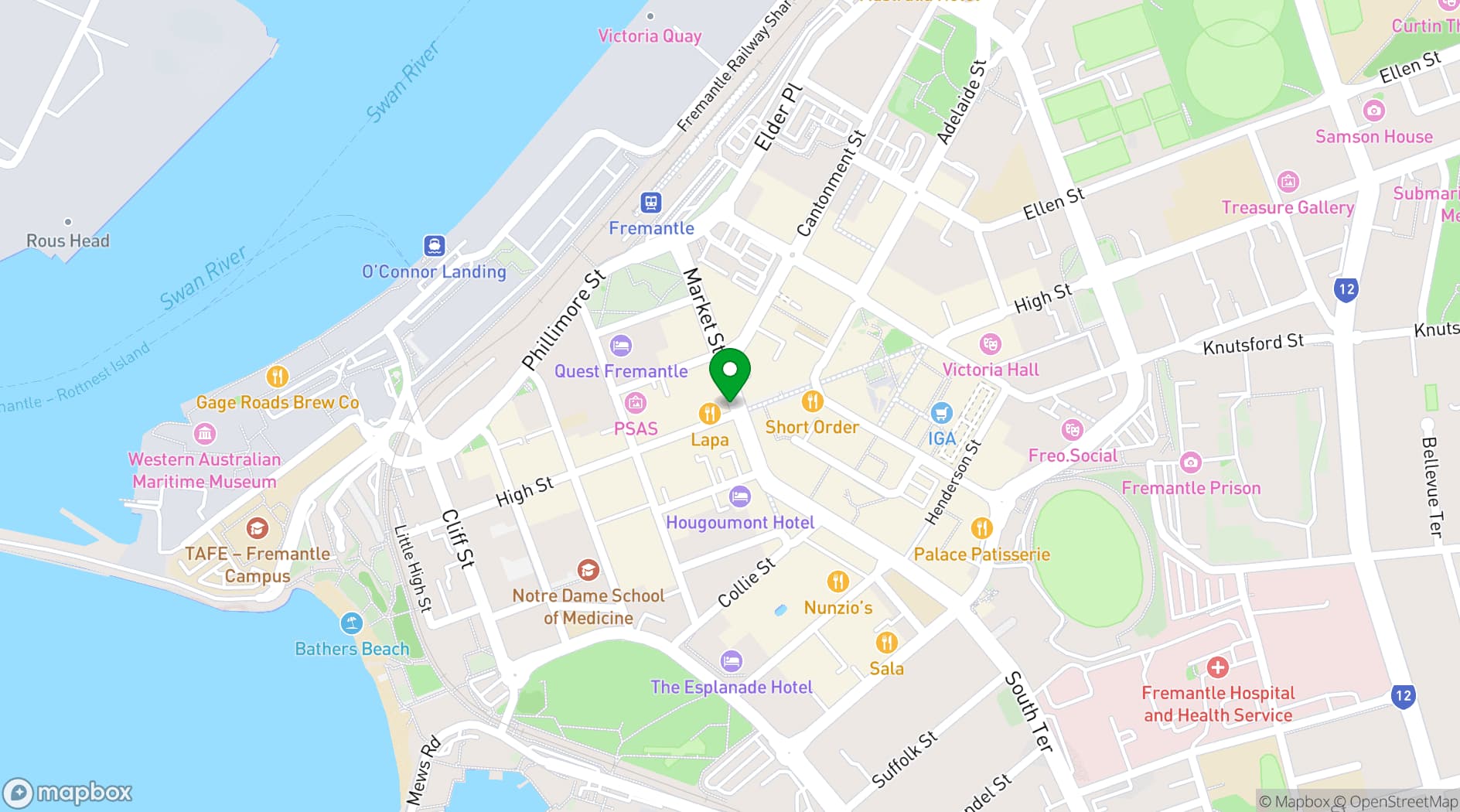 Map showing The National Hotel Fremantle
