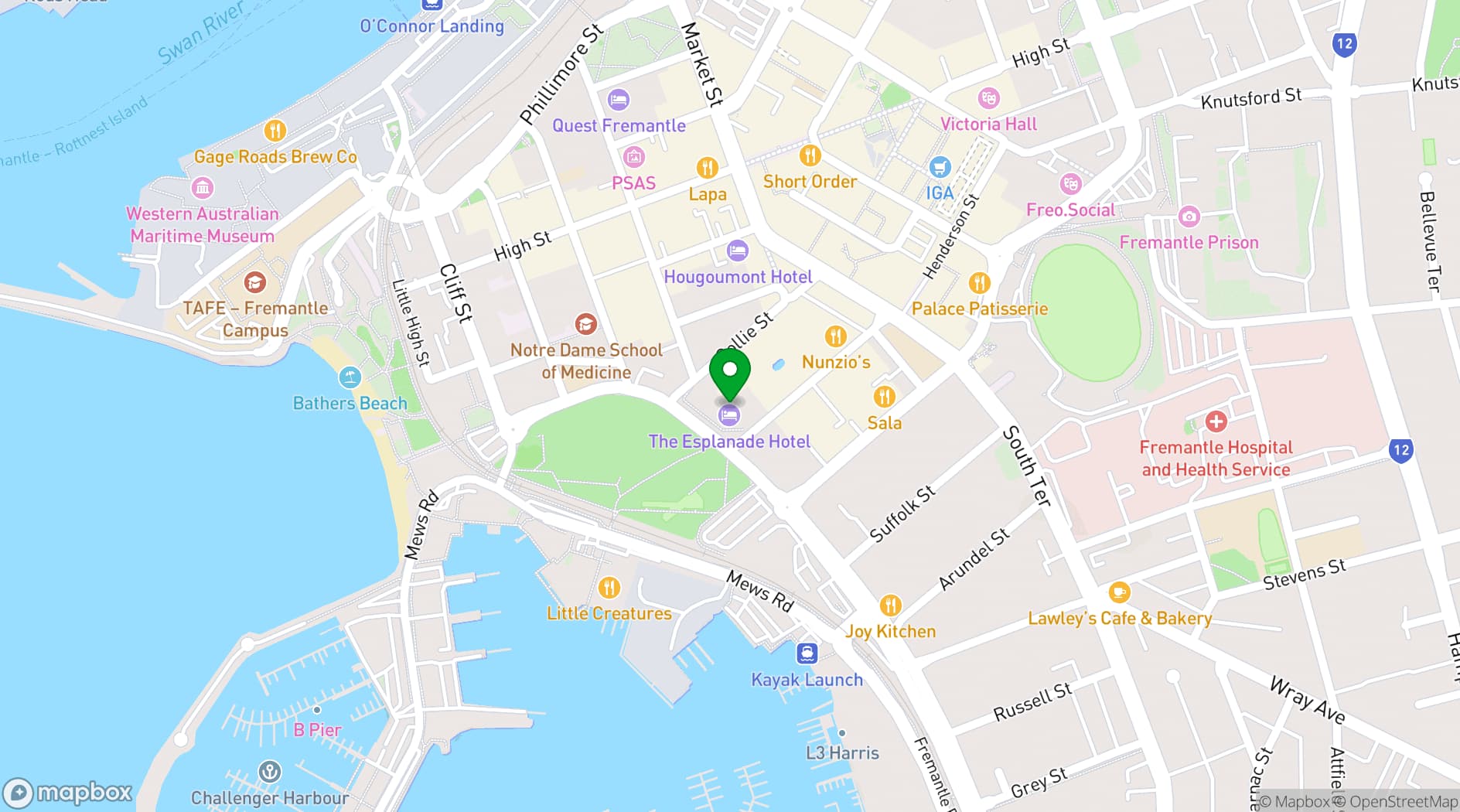 Map showing Esplanade Hotel Fremantle by Rydges