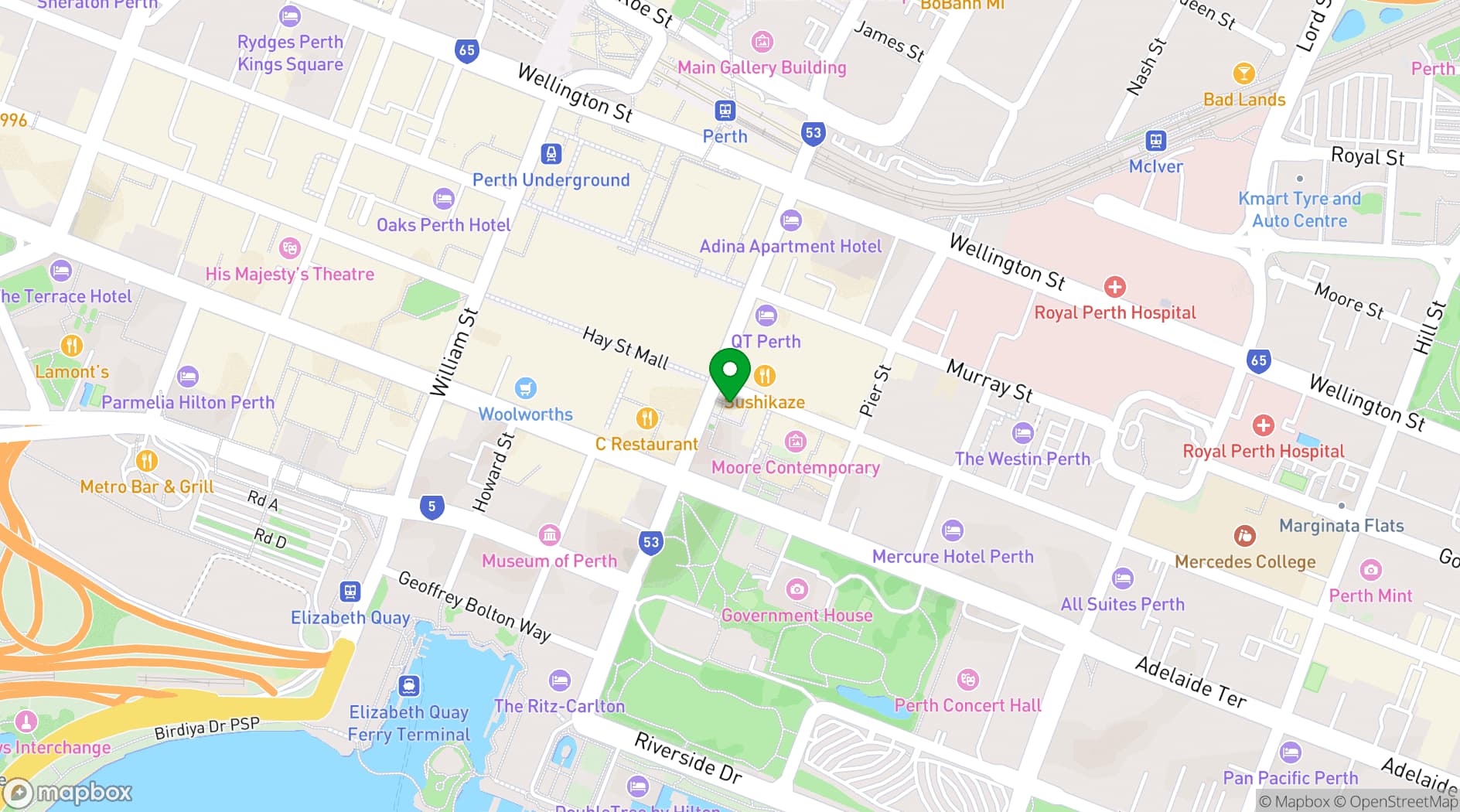 Map showing Perth Town Hall