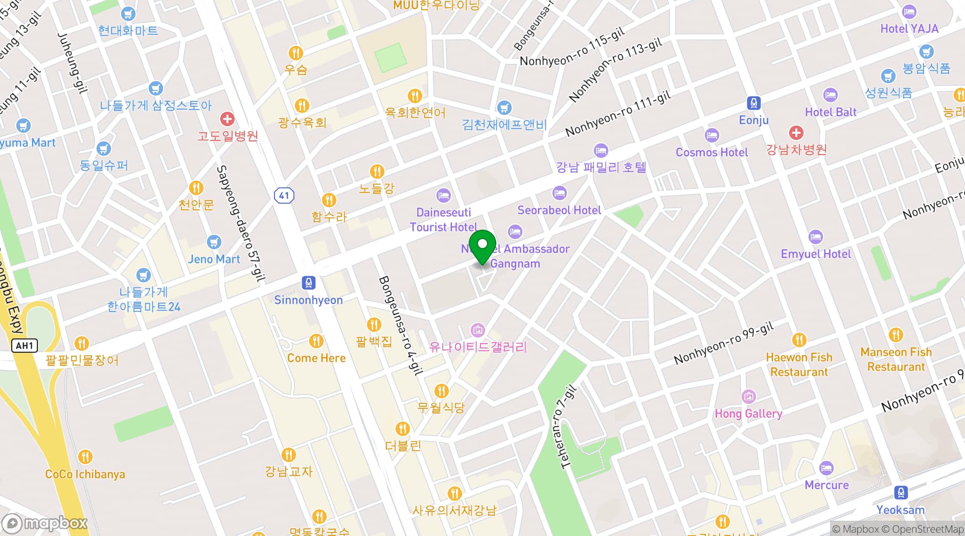 Map showing Novotel Ambassador Seoul Gangnam