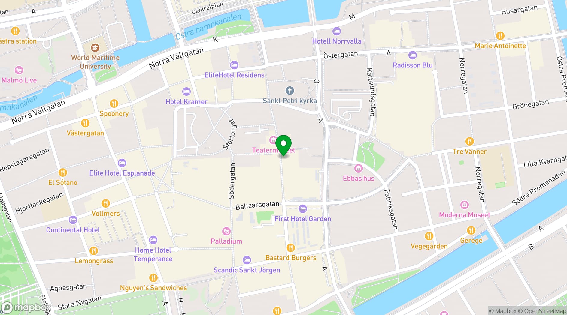 Map showing Spegelsalen Bröllopslokaler Malmö