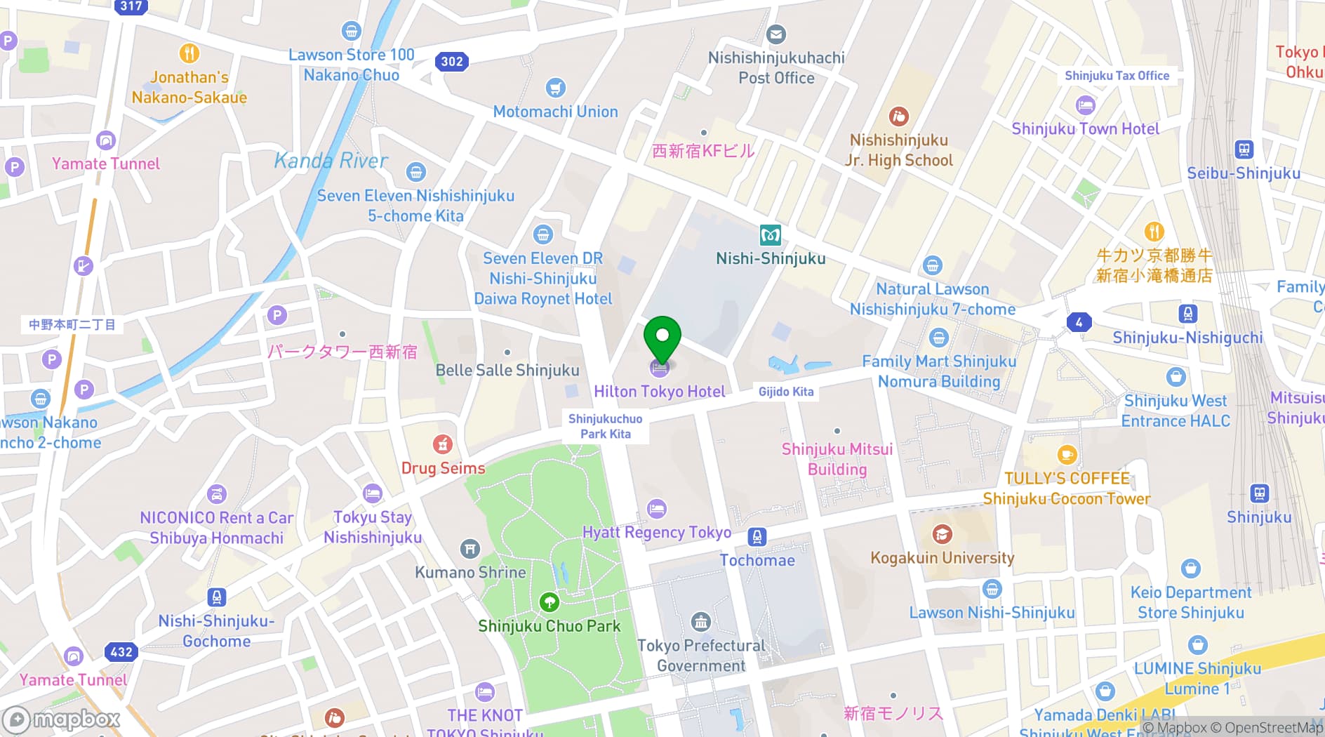 Map showing Hilton Tokyo