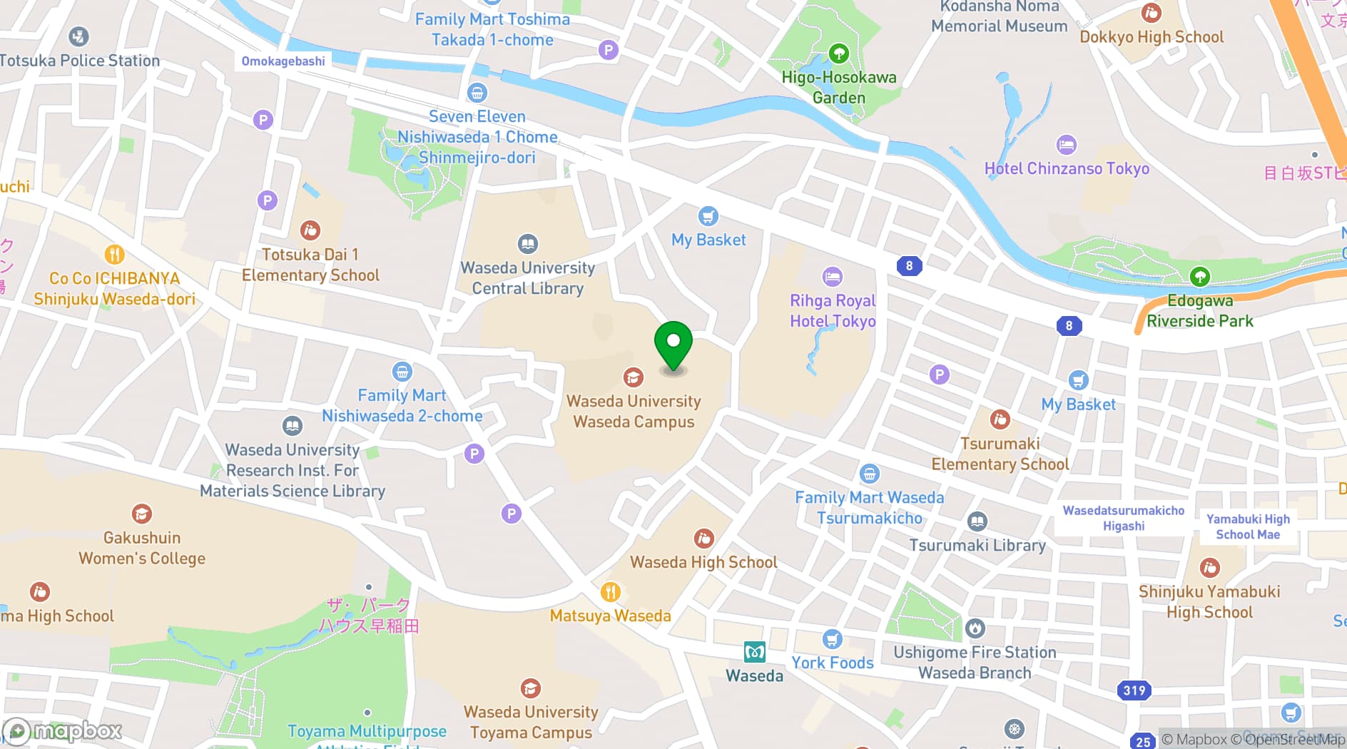 Map showing Waseda University Cultural Facilities
