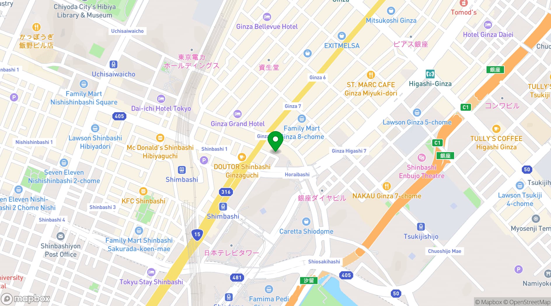 Map showing karaksa hotel premier Tokyo Ginza