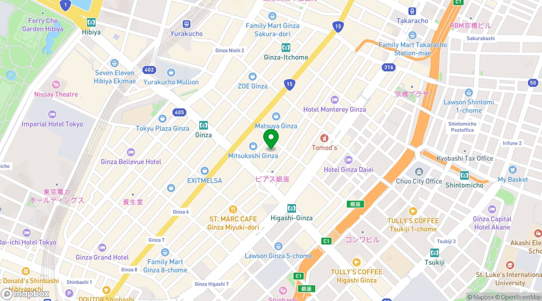 Map showing Hotel Monterey La Soeur Ginza