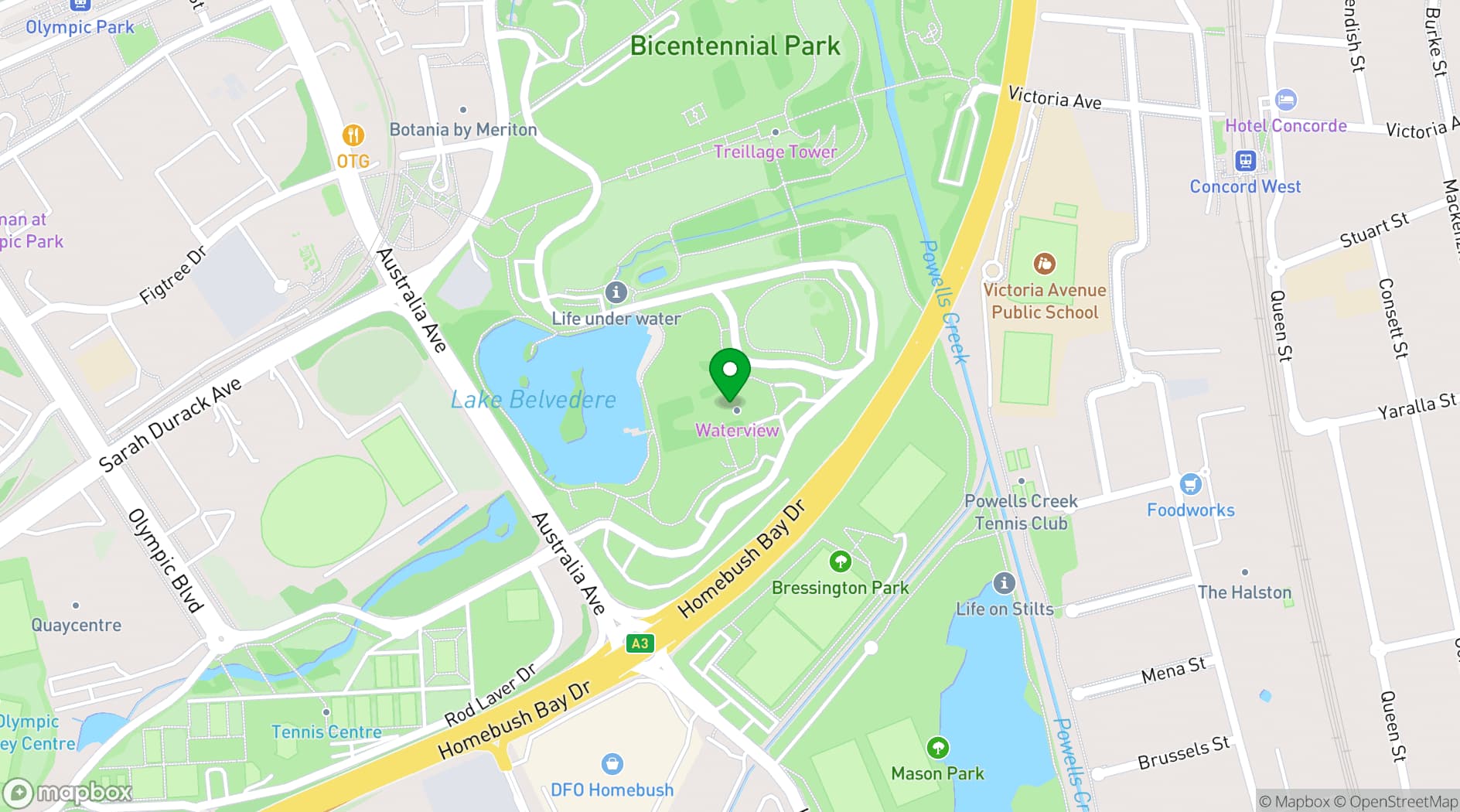 Map showing Waterview in Bicentennial Park