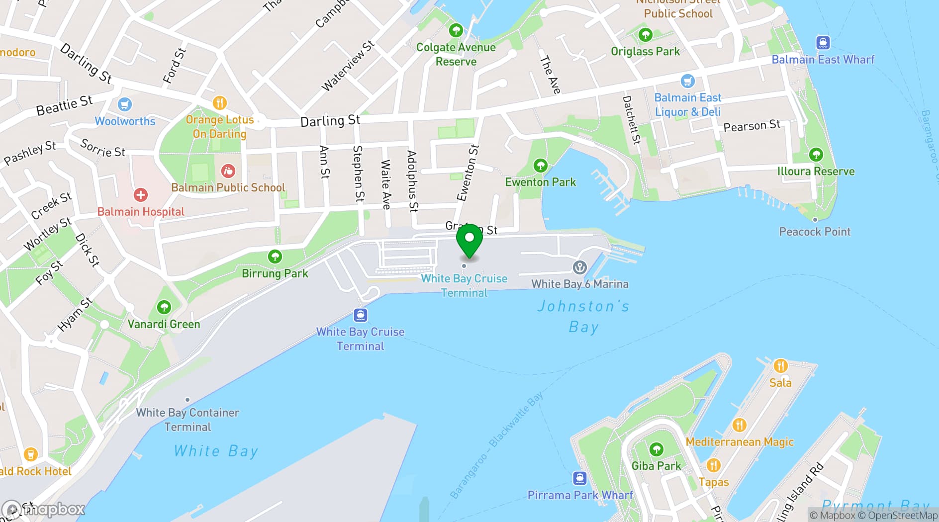 Map showing White Bay Cruise Terminal
