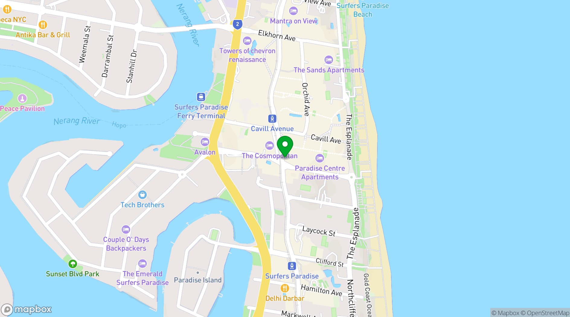 Map showing Novotel Surfers Paradise