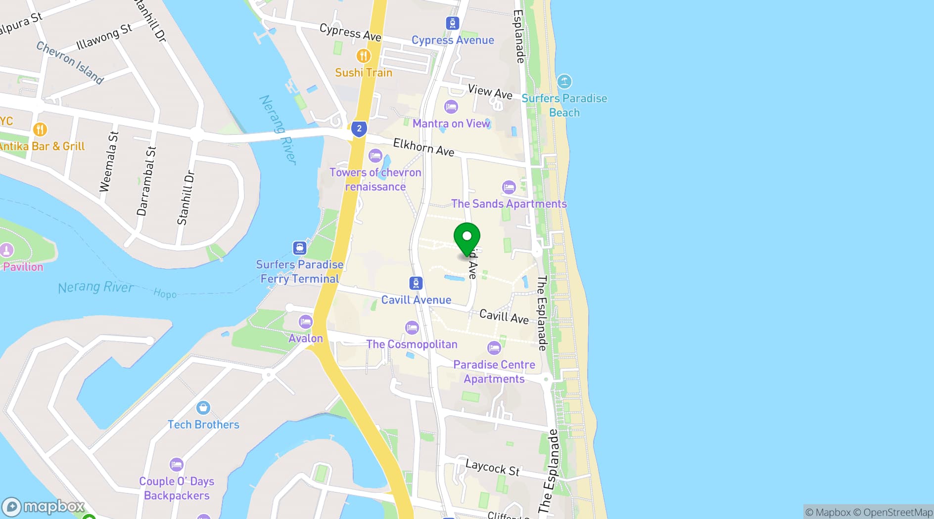 Map showing Hilton Surfers Paradise Hotel & Residences