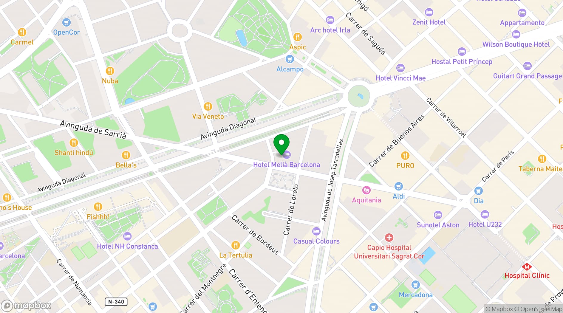 Map showing Meliá Barcelona Sarrià