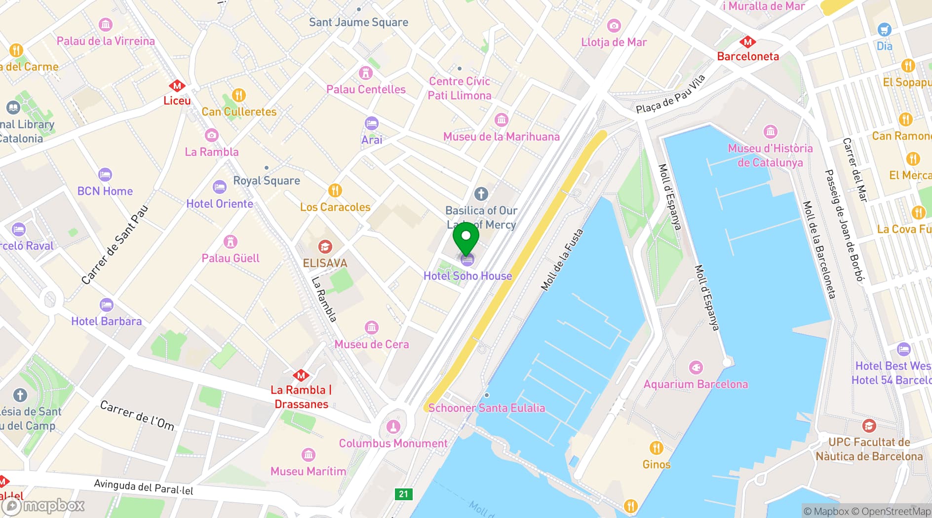 Map showing Soho House Barcelona