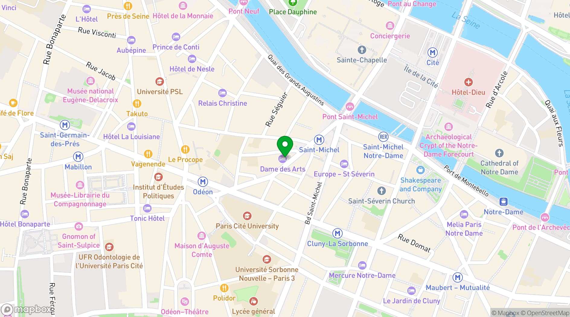 Map showing Hotel Dame des Arts