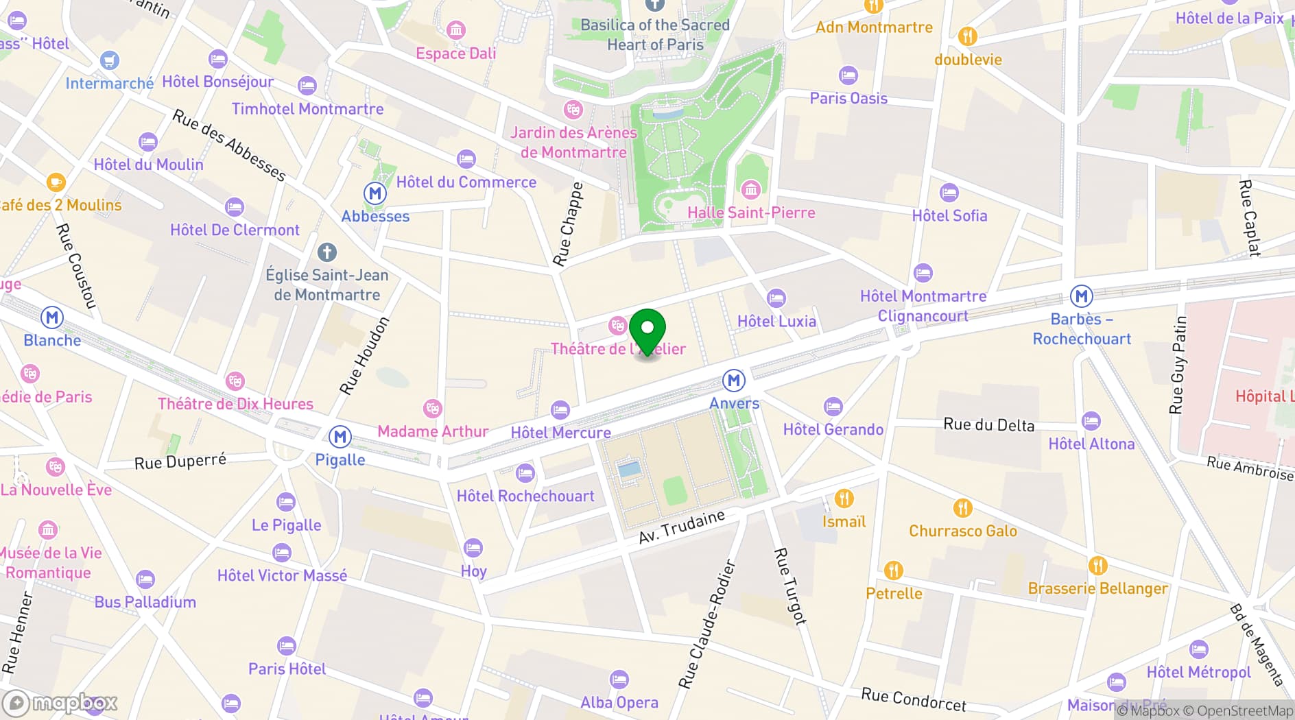 Map showing Le Trianon & L'Elysée Montmartre