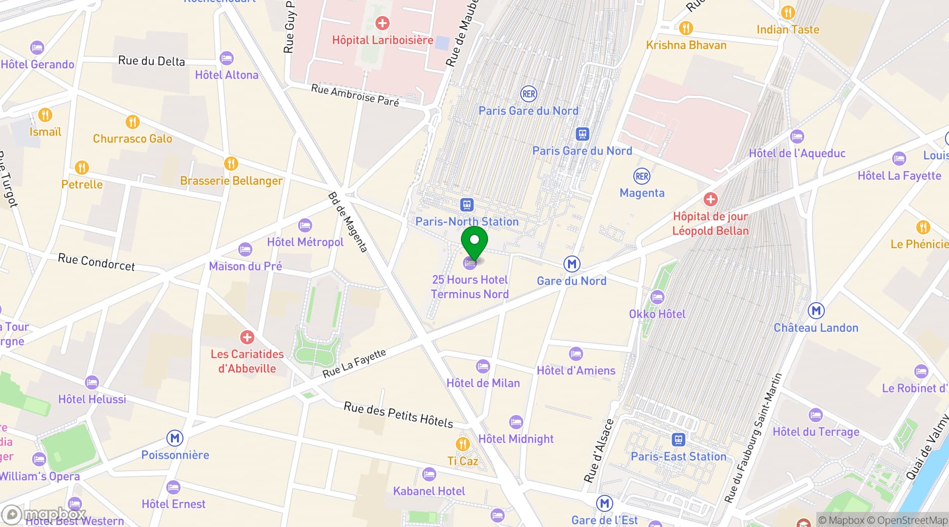 Map showing 25hours Hotel Paris Terminus Nord