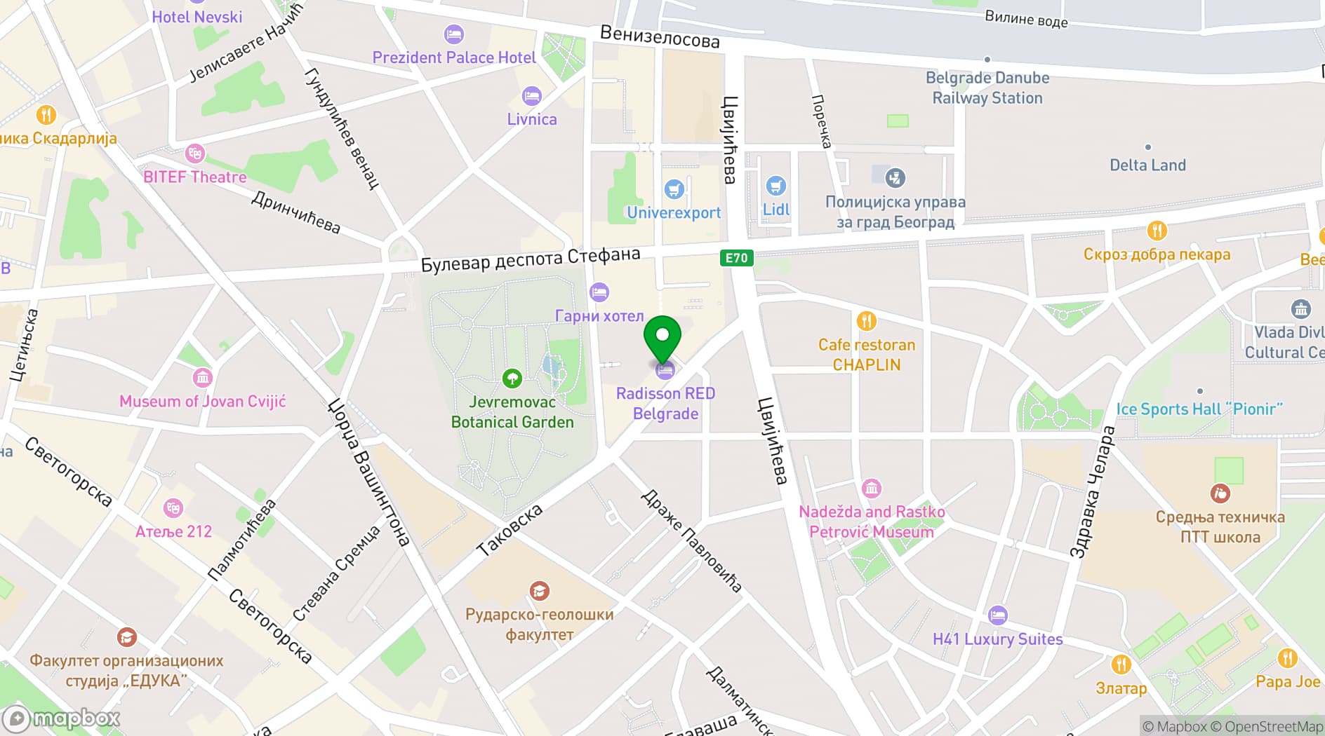 Map showing Radisson RED Belgrade