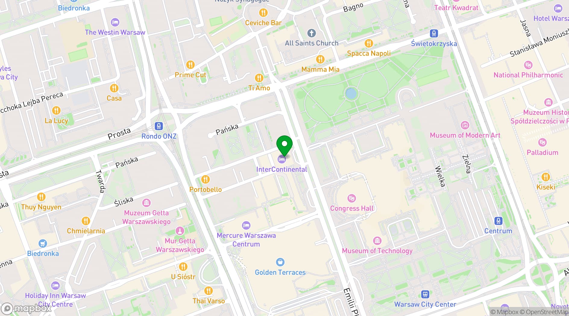 Map showing InterContinental Warsaw