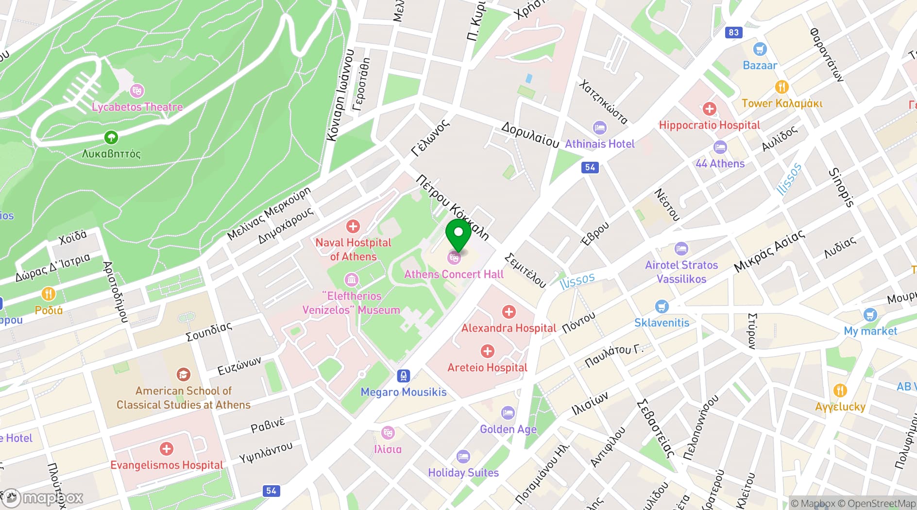 Map showing Megaron Concert Hall of Athens