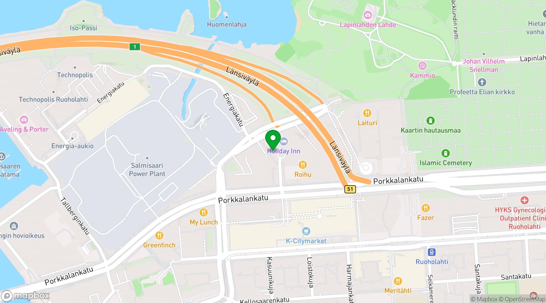 Map showing Holiday Inn Helsinki - West Ruoholahti