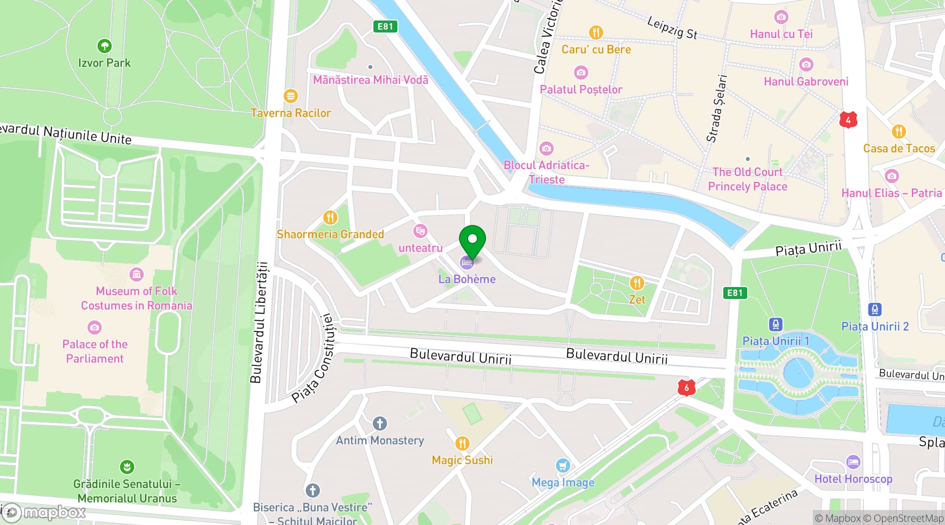 Map showing Hotel La Bohème