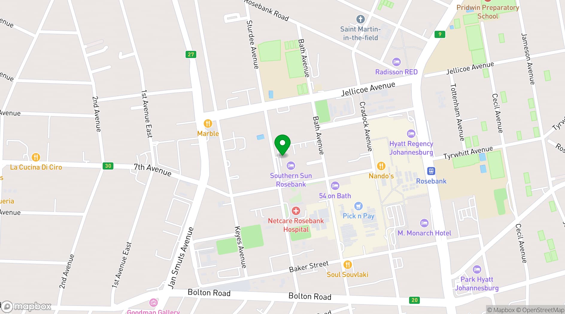 Map showing Southern Sun Rosebank
