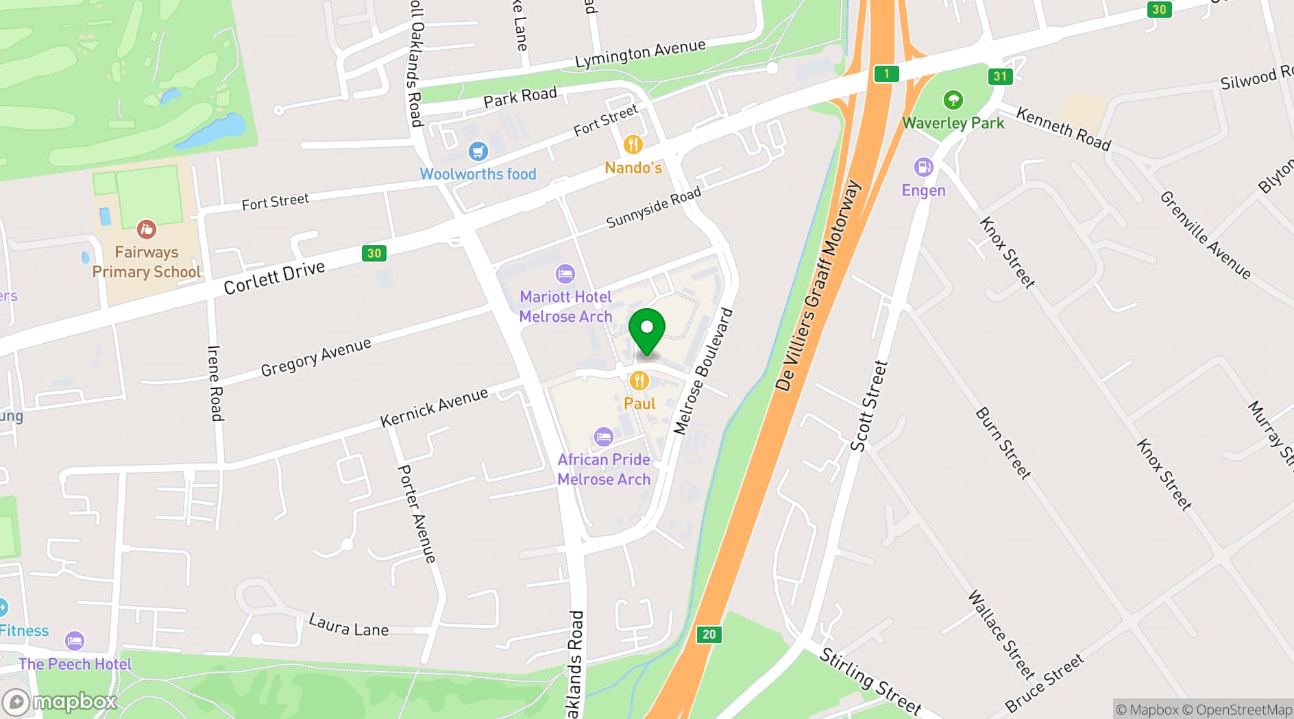 Map showing Johannesburg Marriott Hotel Melrose Arch