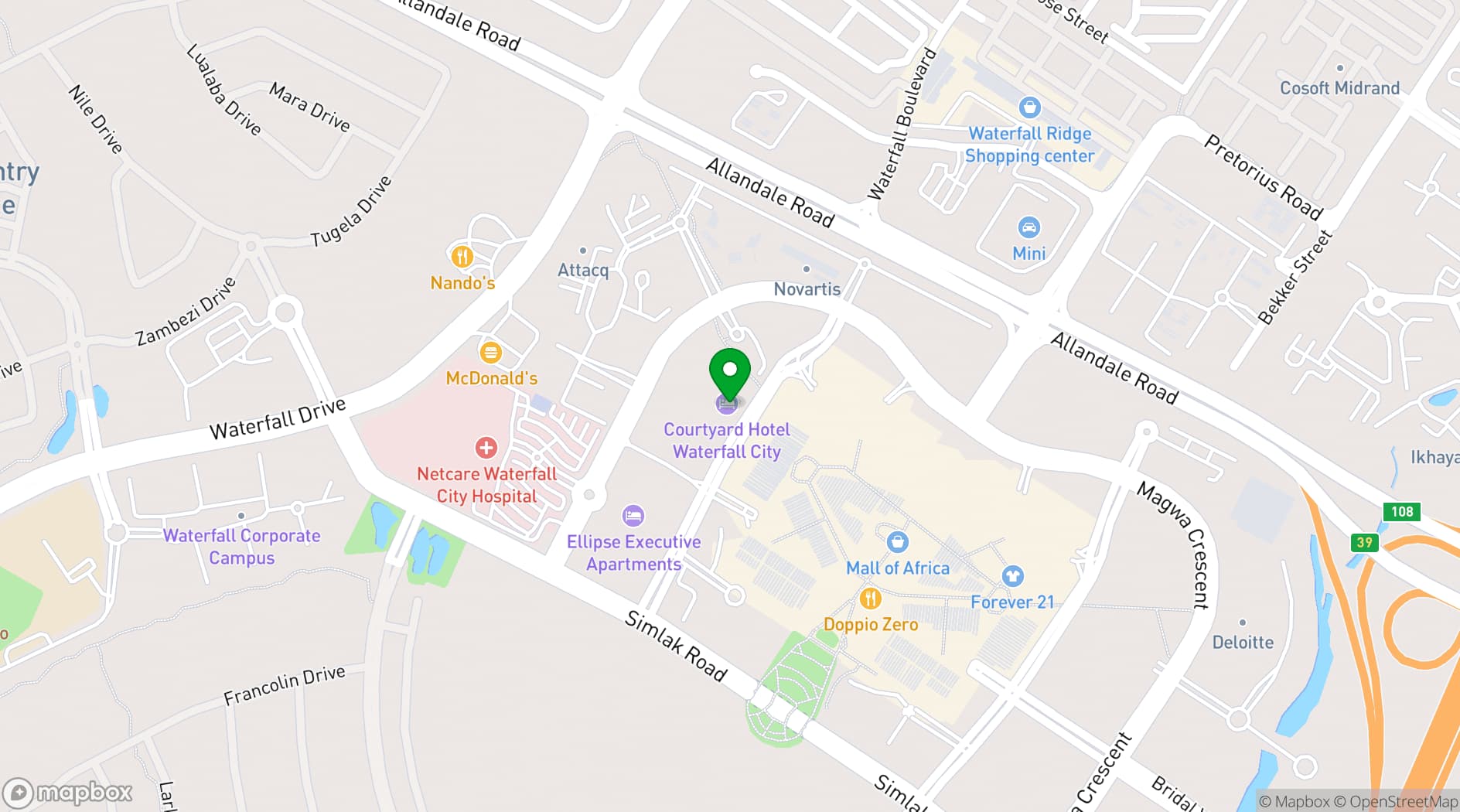 Map showing Courtyard Hotel Waterfall City
