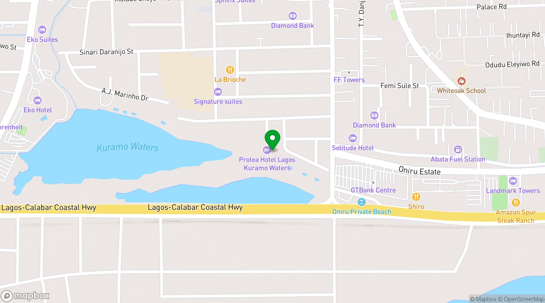 Map showing Protea Hotel Lagos Kuramo Waters