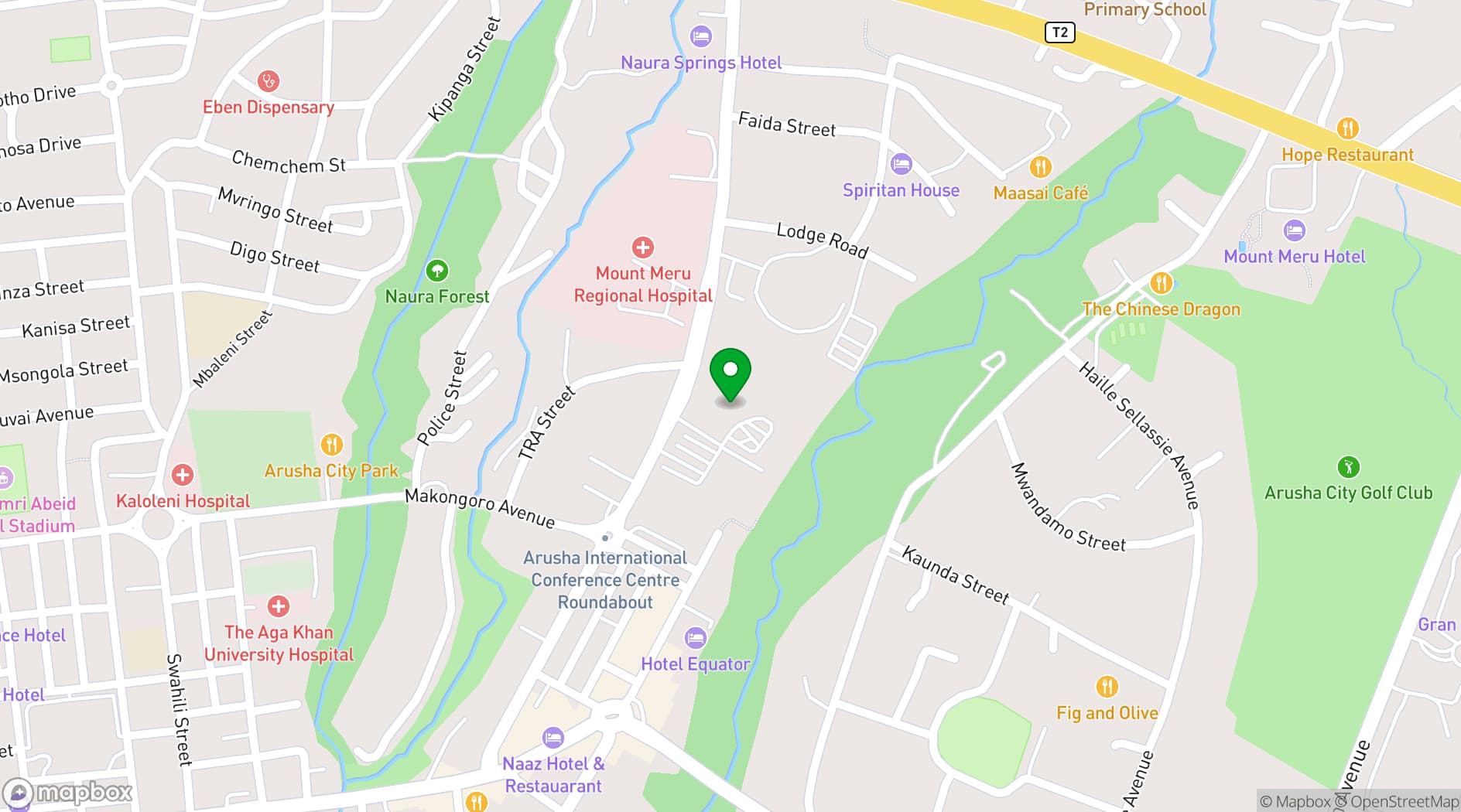 Map showing Arusha International Conference Centre (AICC)