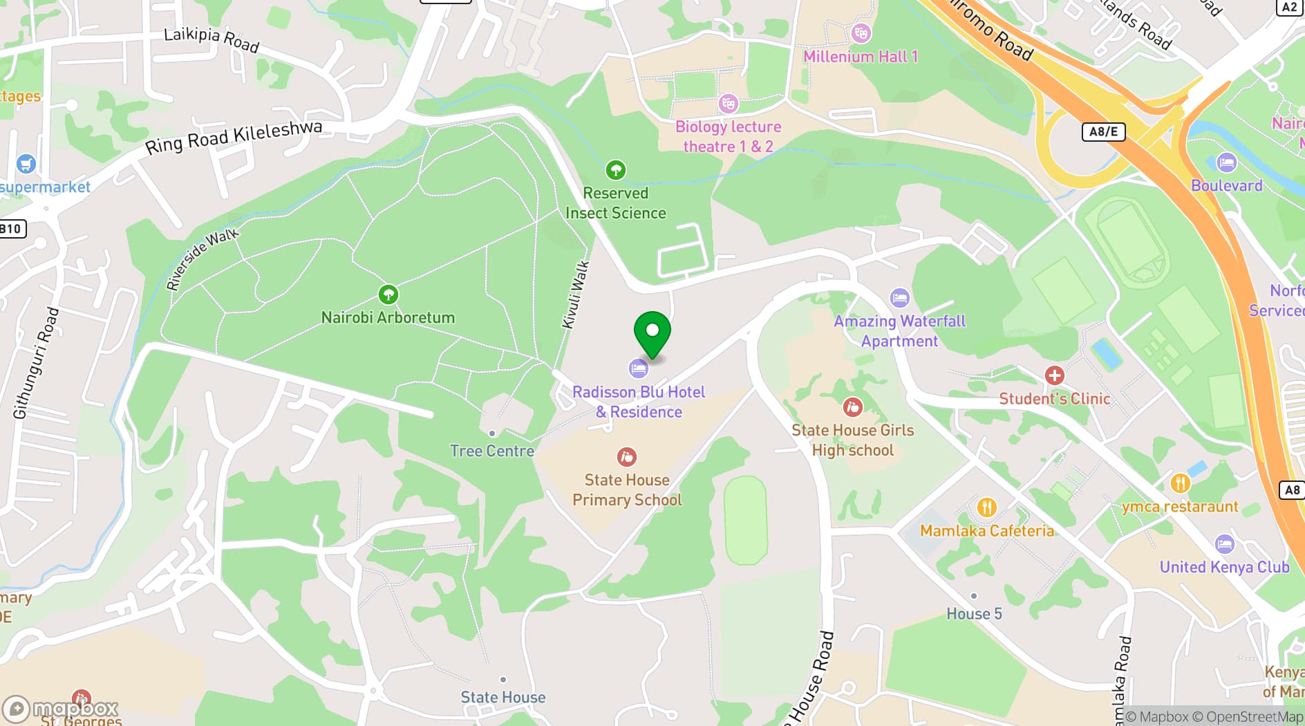 Map showing Radisson Blu Hotel & Residence, Nairobi Arboretum
