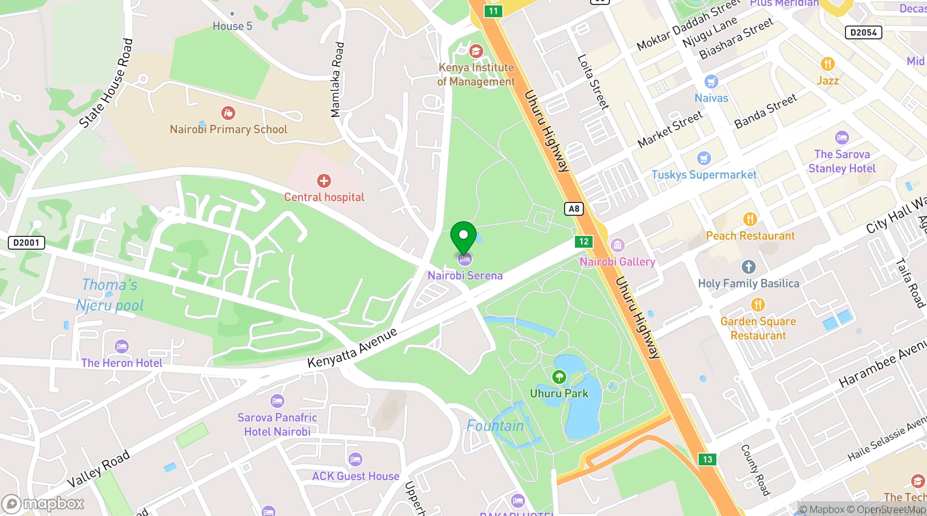 Map showing Nairobi Serena Hotel