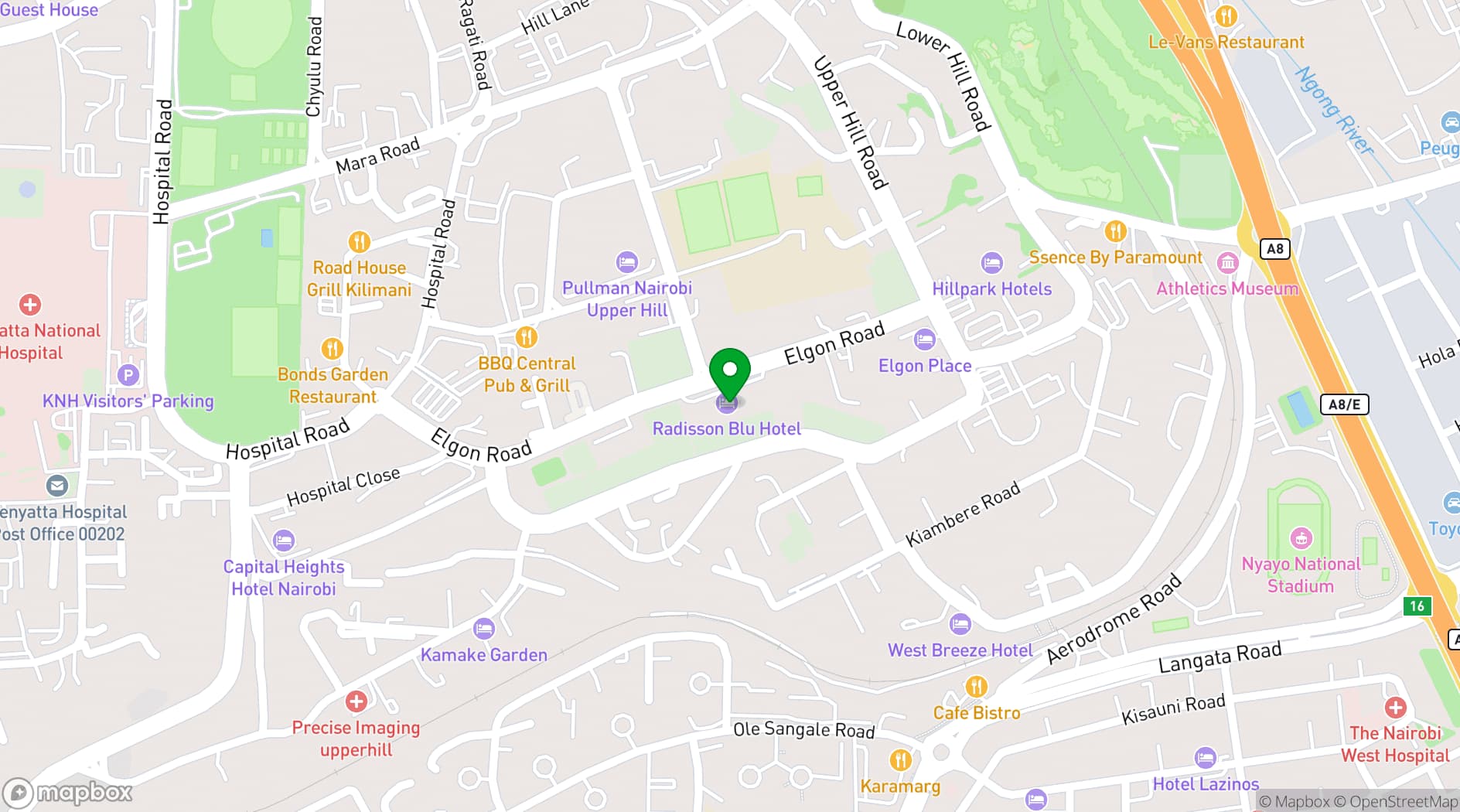 Map showing Radisson Blu Hotel Nairobi Upper Hill