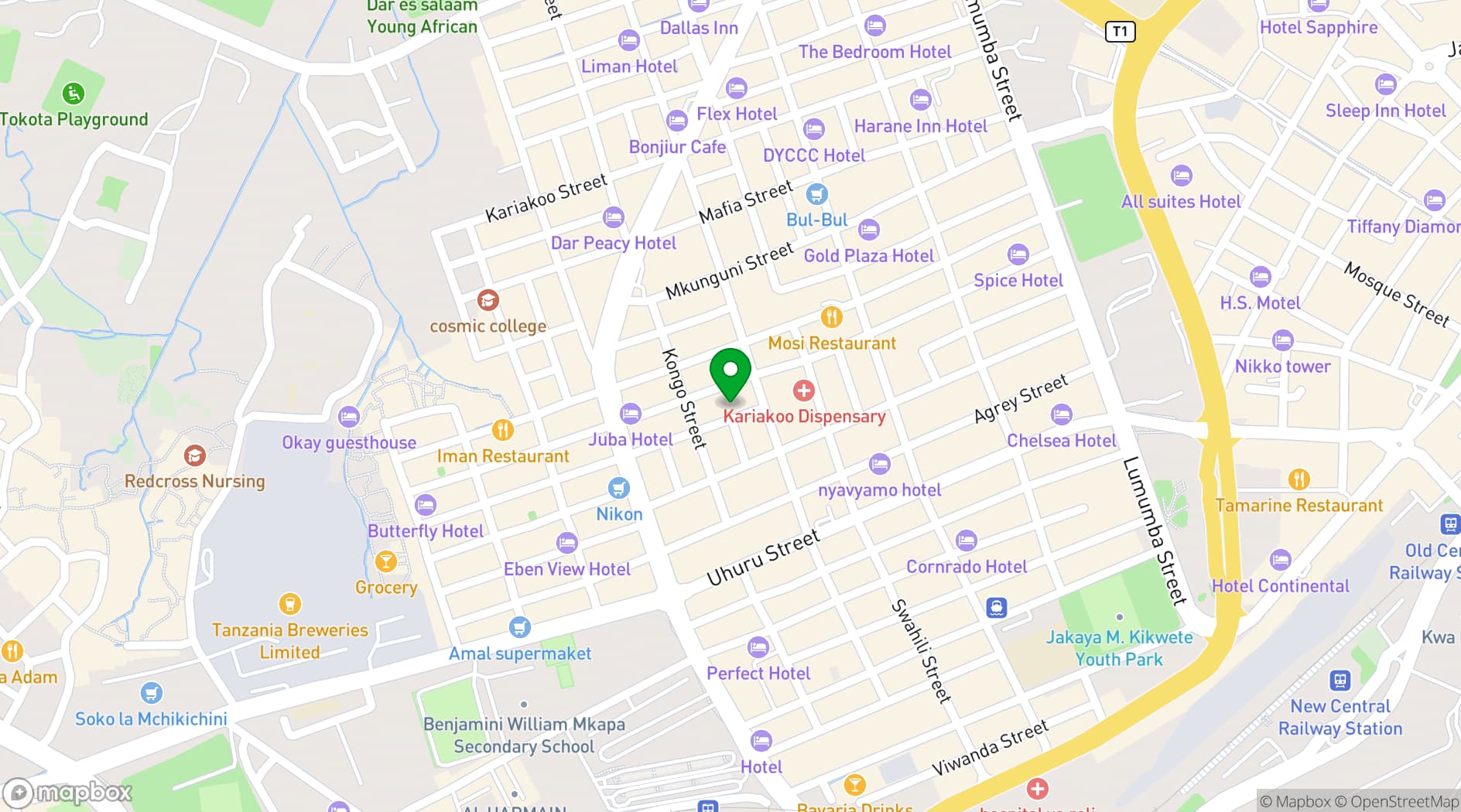 Map showing Wanyama Hotel, Kariakoo