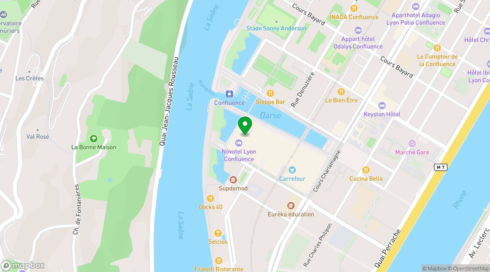 Map showing Novotel Lyon Centre Confluence Bord de Saone