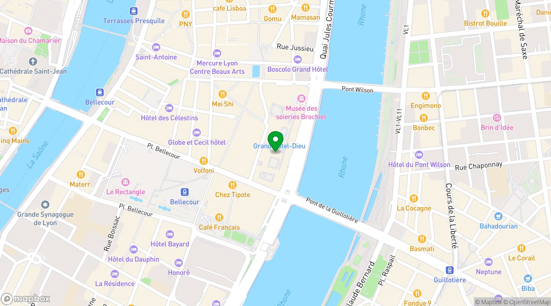 Map showing Wojo Lyon 2e - Grand Hôtel-Dieu