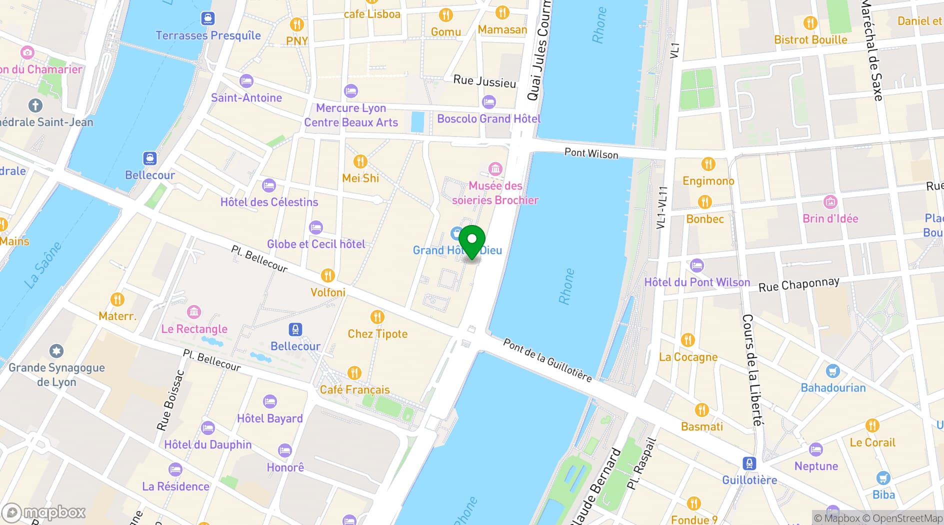 Map showing InterContinental Lyon Hotel Dieu