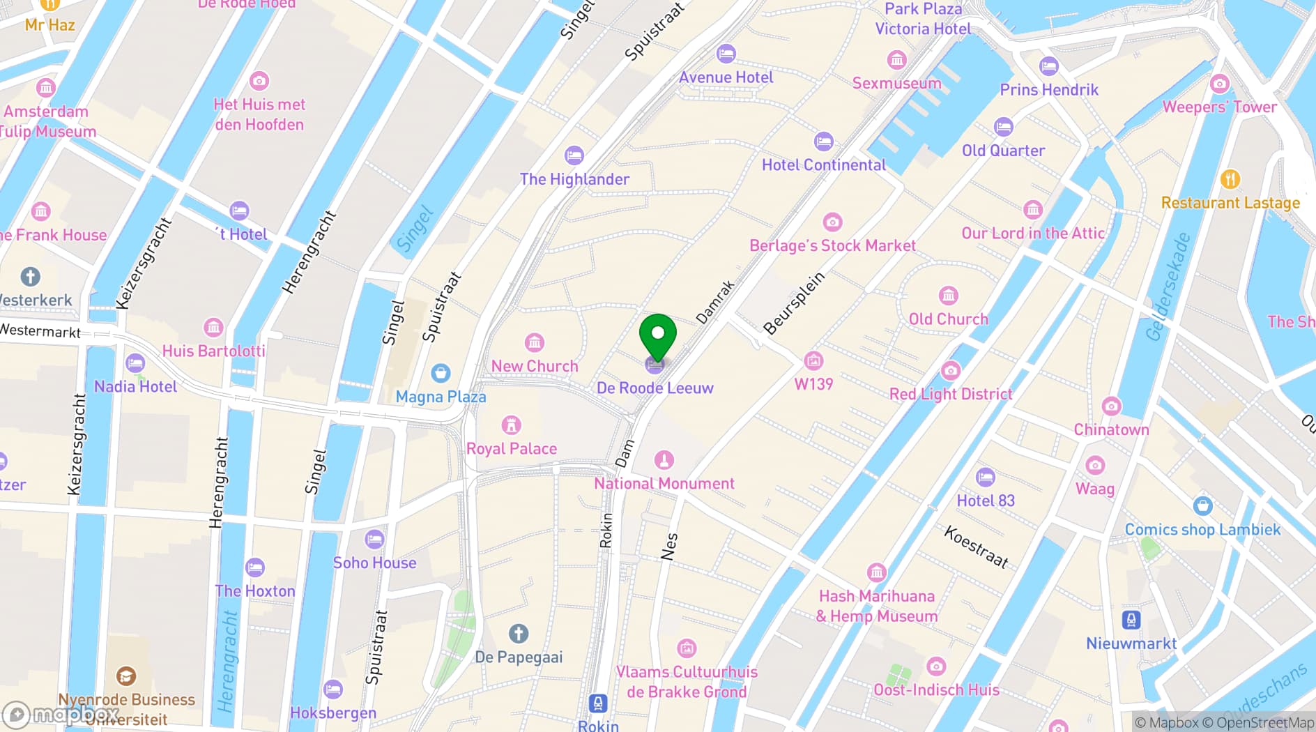 Map showing Hotel Amsterdam De Roode Leeuw