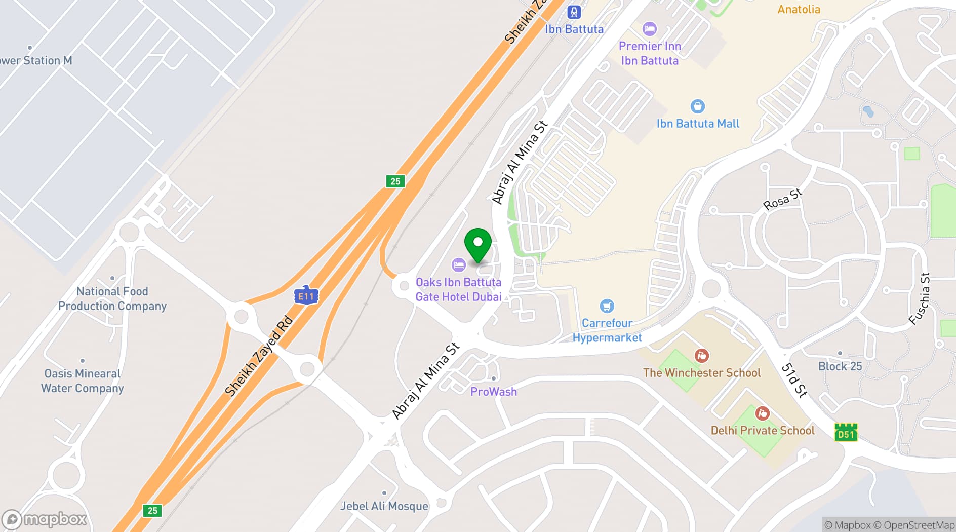 Map showing Oaks IBN Battuta Gate Dubai