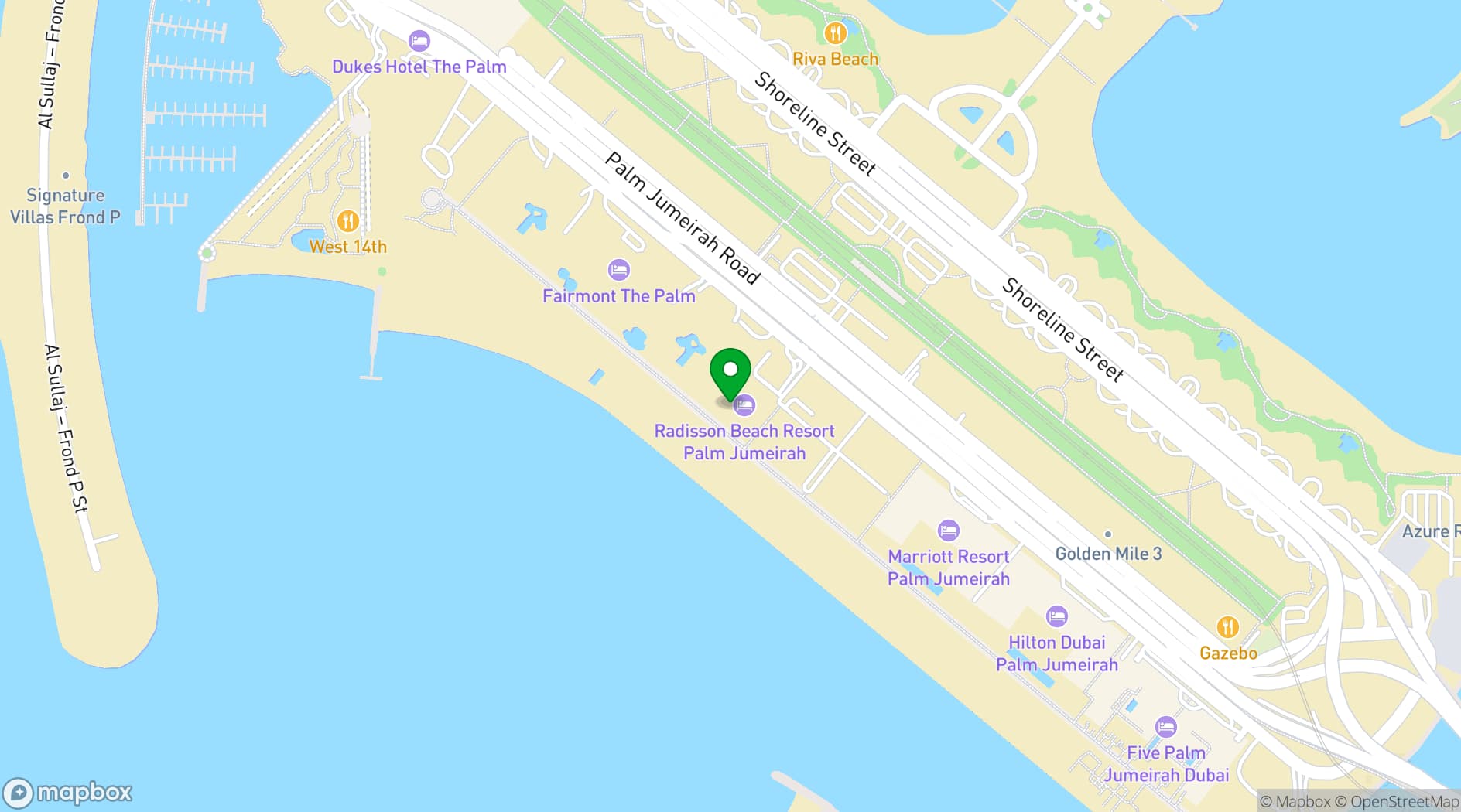 Map showing Radisson Beach Resort Palm Jumeirah