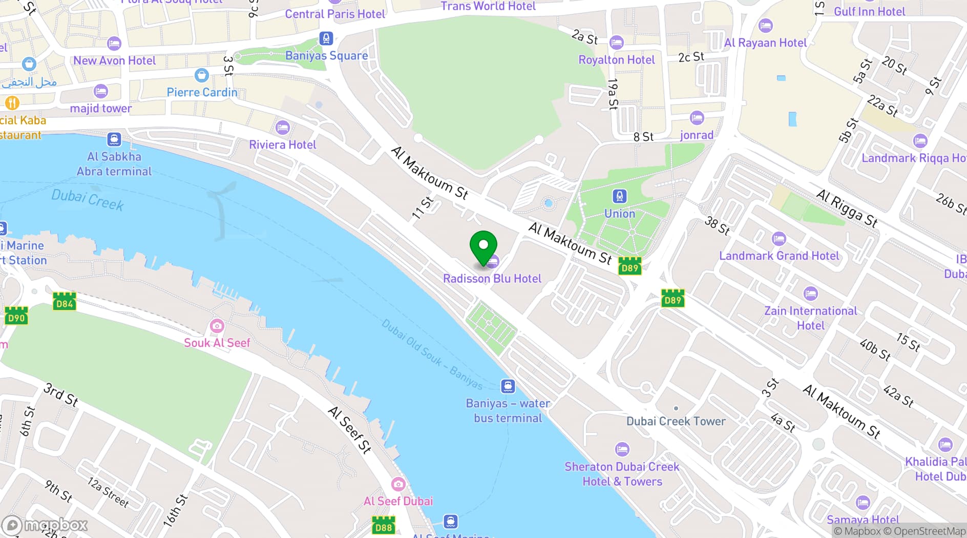 Map showing Radisson Blu, Deira Creek