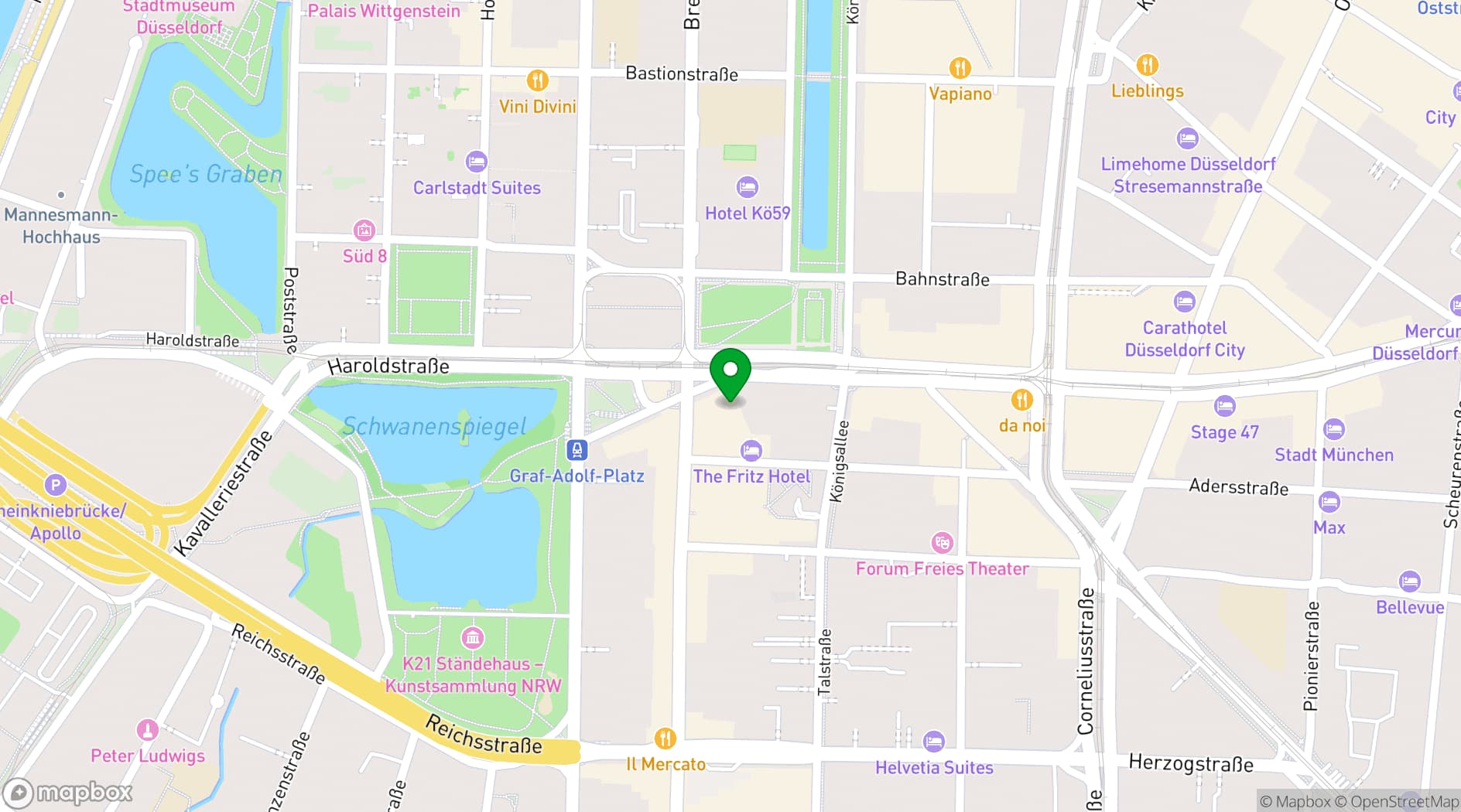 Map showing Leonardo Royal Hotel Düsseldorf Königsallee