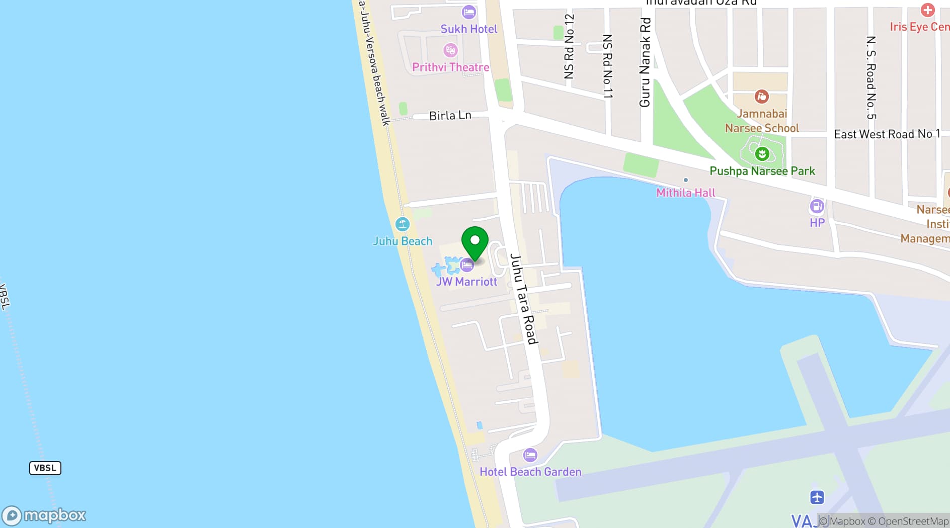 Map showing JW Marriott Mumbai Juhu