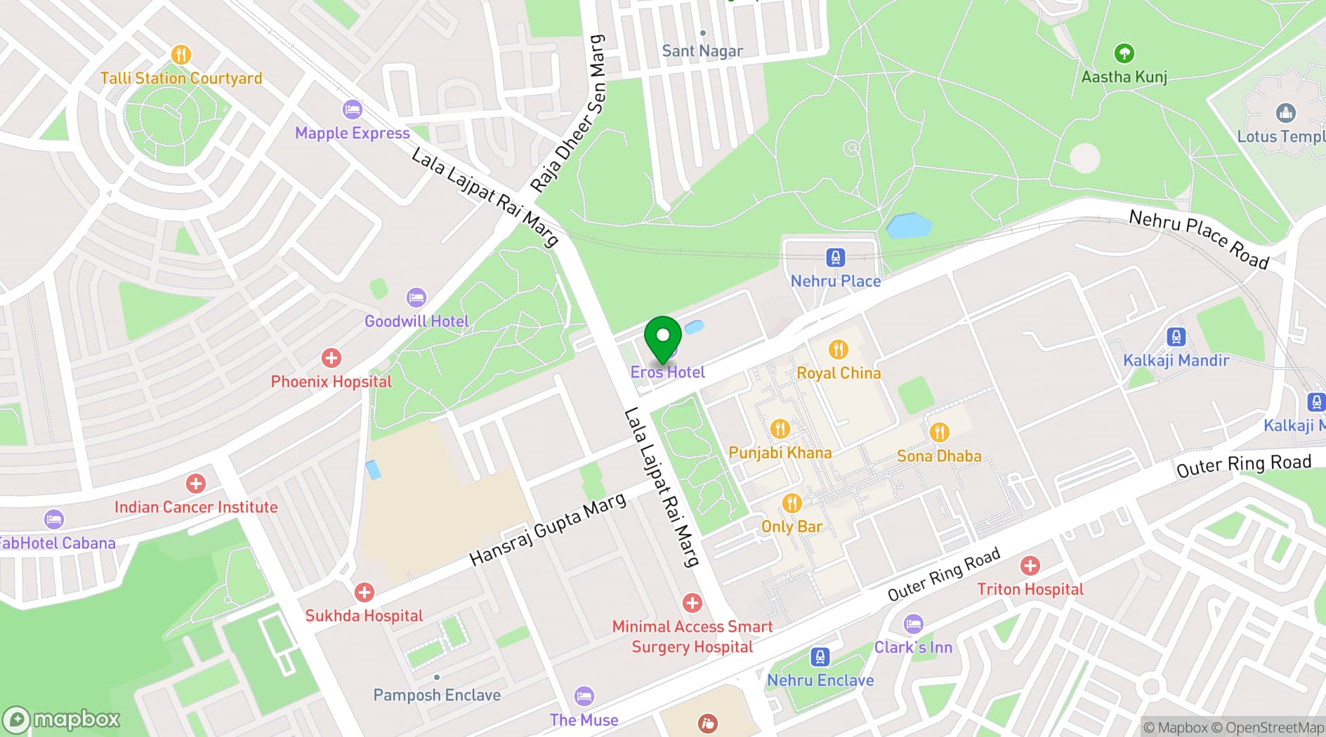 Map showing Eros Hotel New Delhi Nehru Place