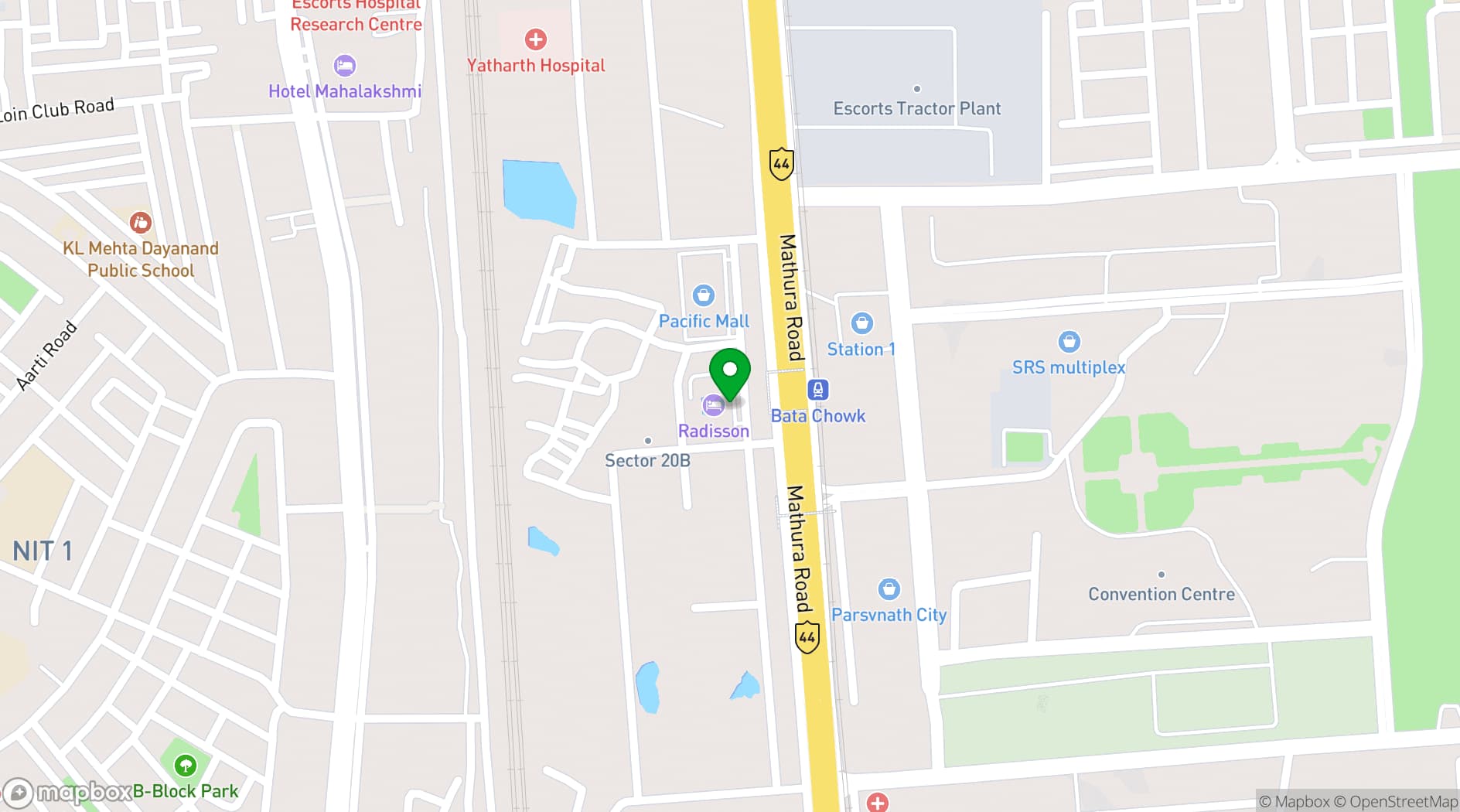 Map showing Radisson Blu Hotel, Faridabad