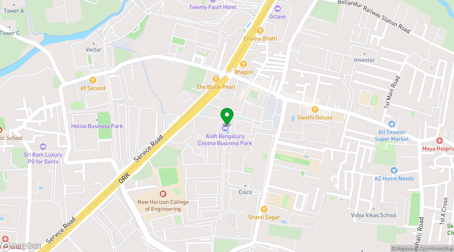 Map showing Aloft Bengaluru Outer Ring Road
